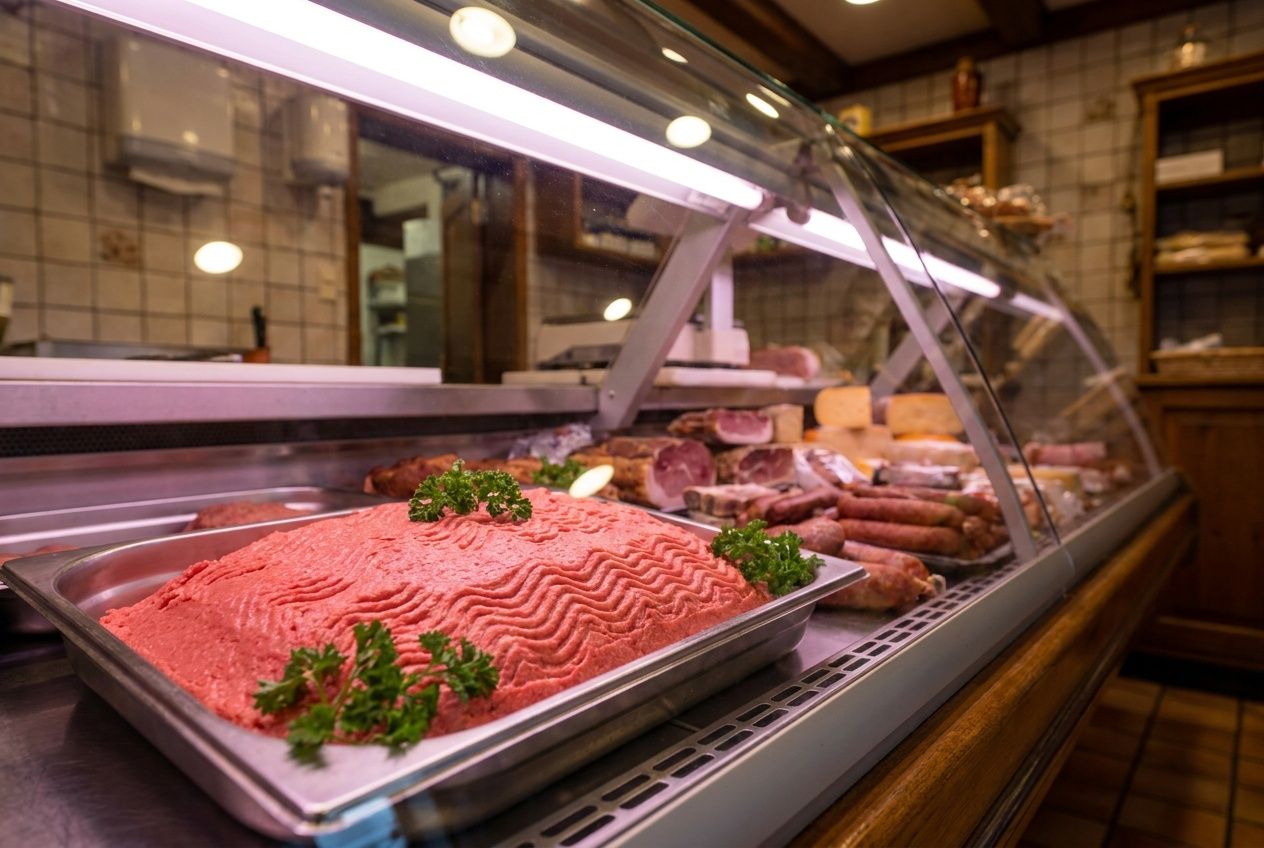 Verse filet americain in de vitrine van een slager.