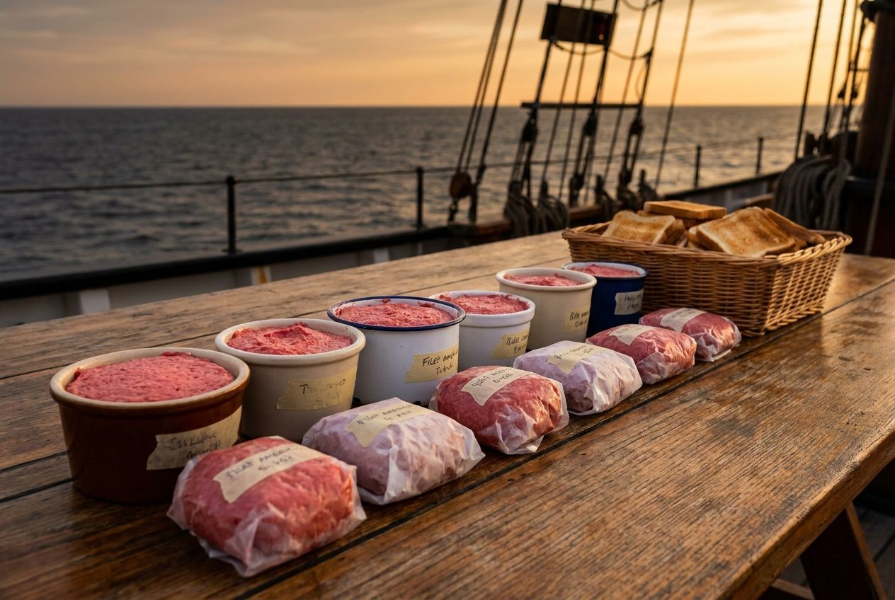 Bakjes filet met naamlabels op een tafel aan dek.